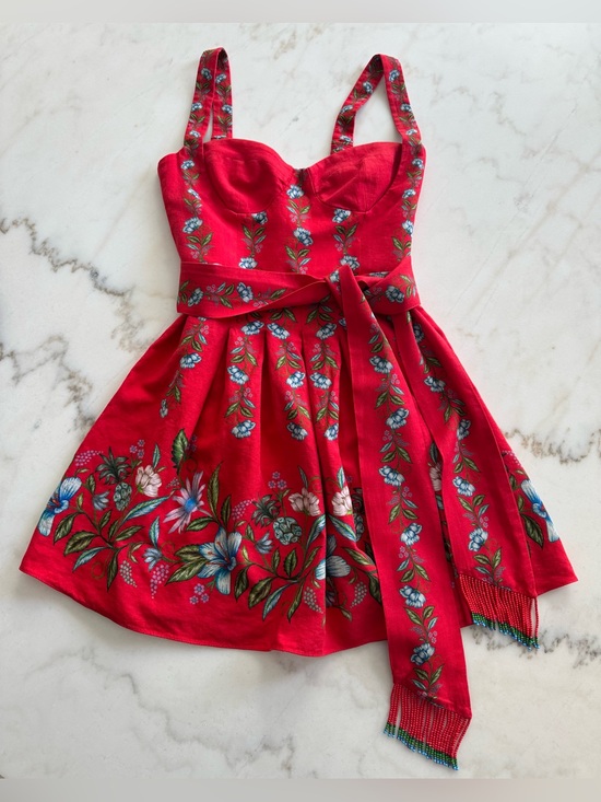 FARM Rio Dresses & Skirts - NWOT Farm Rio Red Sweet Bloom Bouquet Mini Dress with Beaded Tie Waist